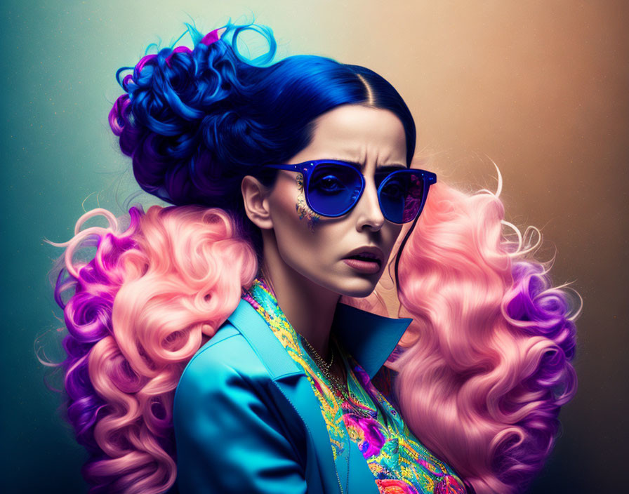 Woman with Vibrant Blue and Pink Hair in Colorful Outfit and Sunglasses