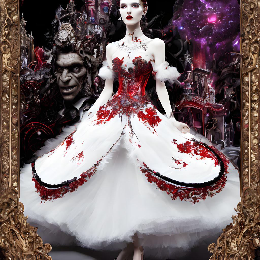 Fantasy artwork of woman in white and red gown with gothic and mystical elements