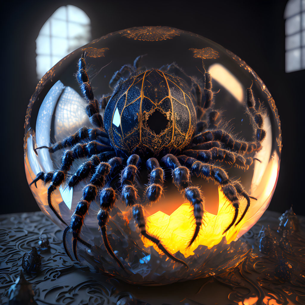 Intricate large spider on glowing orb with smaller spiders in dimly lit Gothic room
