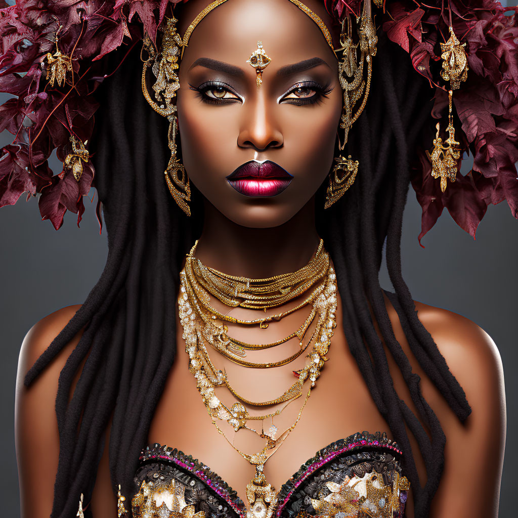 Woman with Striking Makeup and Braids in Golden Jewelry among Red Leaves