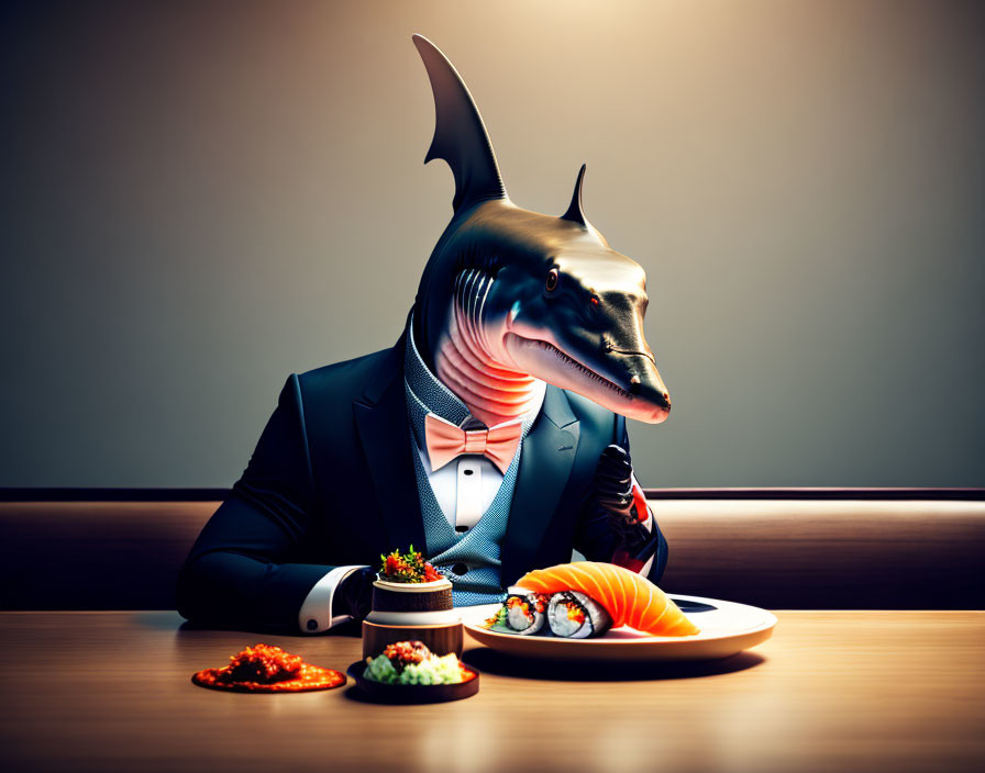 Shark-headed humanoid in suit dining with sushi in dimly lit setting