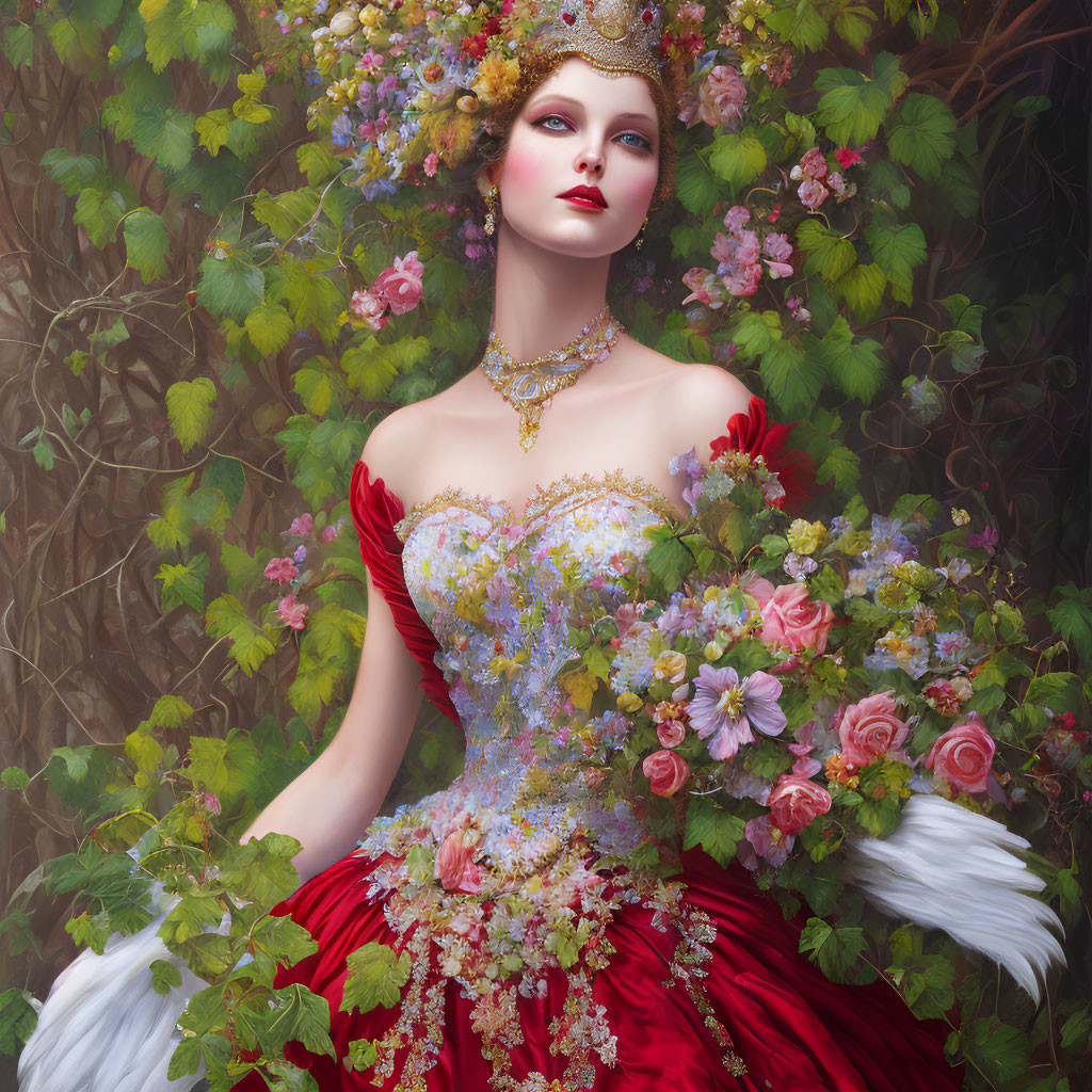 Woman in Red Floral Gown with Elaborate Headpiece in Lush Greenery