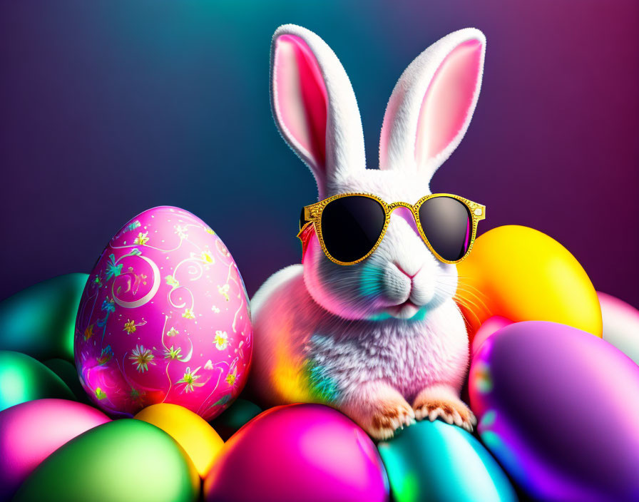 White Rabbit with Sunglasses Surrounded by Colorful Easter Eggs