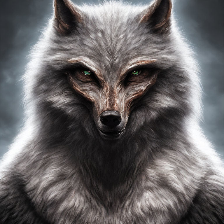 Detailed digital artwork: Majestic wolf with green eyes & grey fur