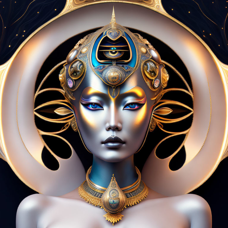 Digital Artwork: Woman with Gold and Blue Eye Motif Headgear