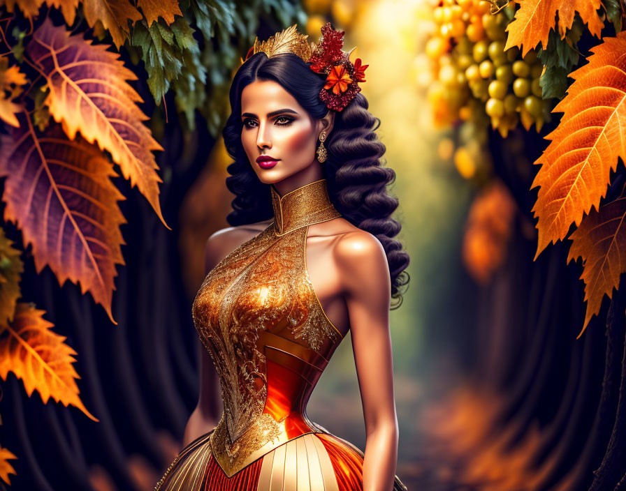 Illustrated woman in autumn attire with leaf and berry hair, surrounded by vibrant foliage