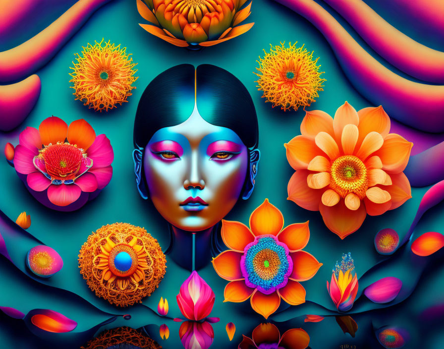 Colorful digital art: Woman's face with stylized flowers on teal background