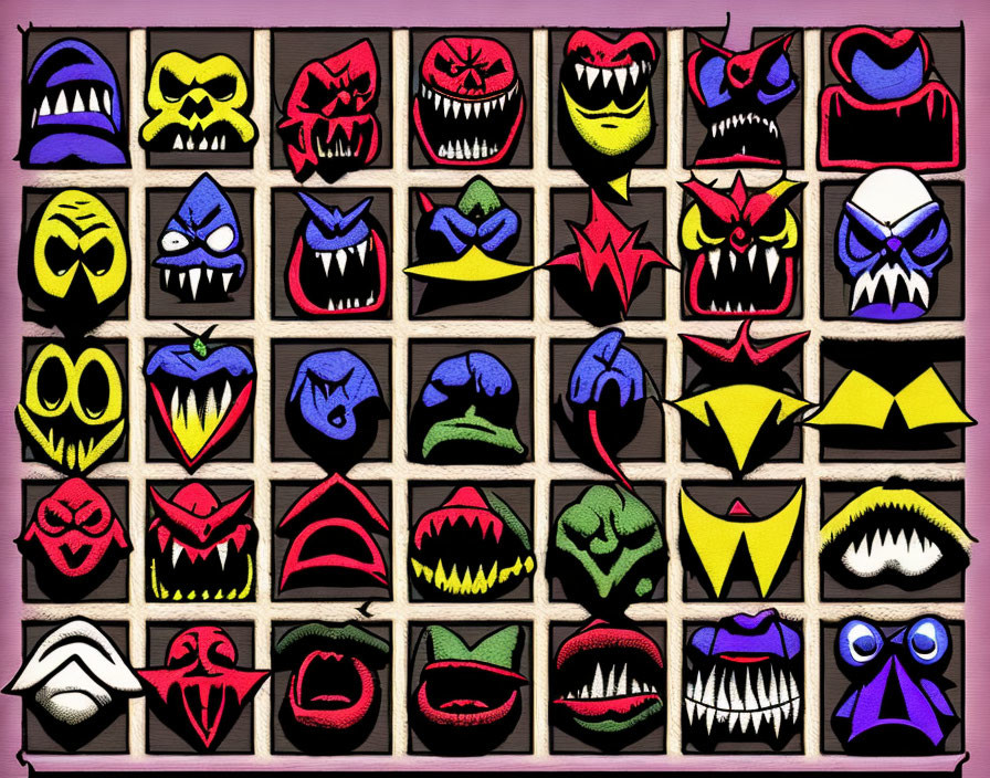 Colorful Cartoon Monster Faces Grid on Purple Background