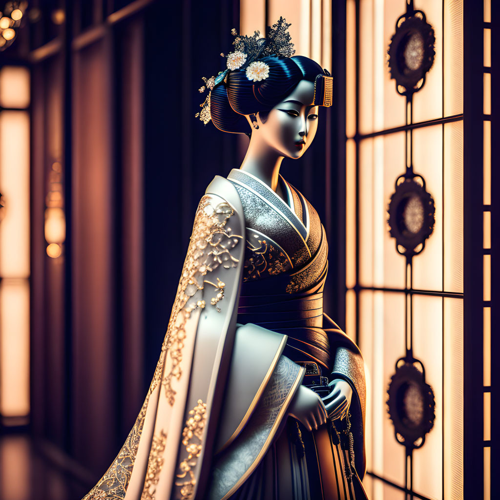 Traditional Geisha Figurine in Kimono Against Backlit Screen