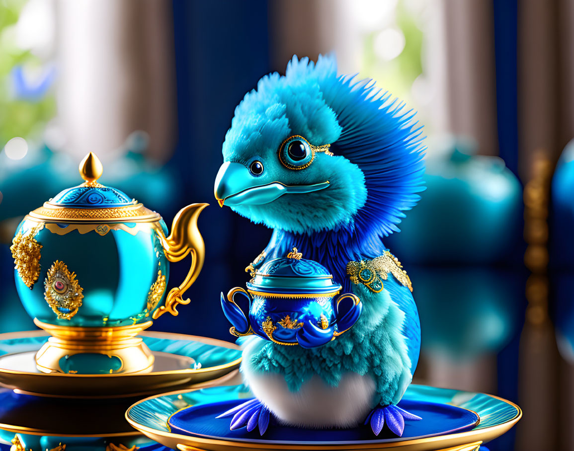 Intricate golden embellishments on whimsical blue bird and teapot set