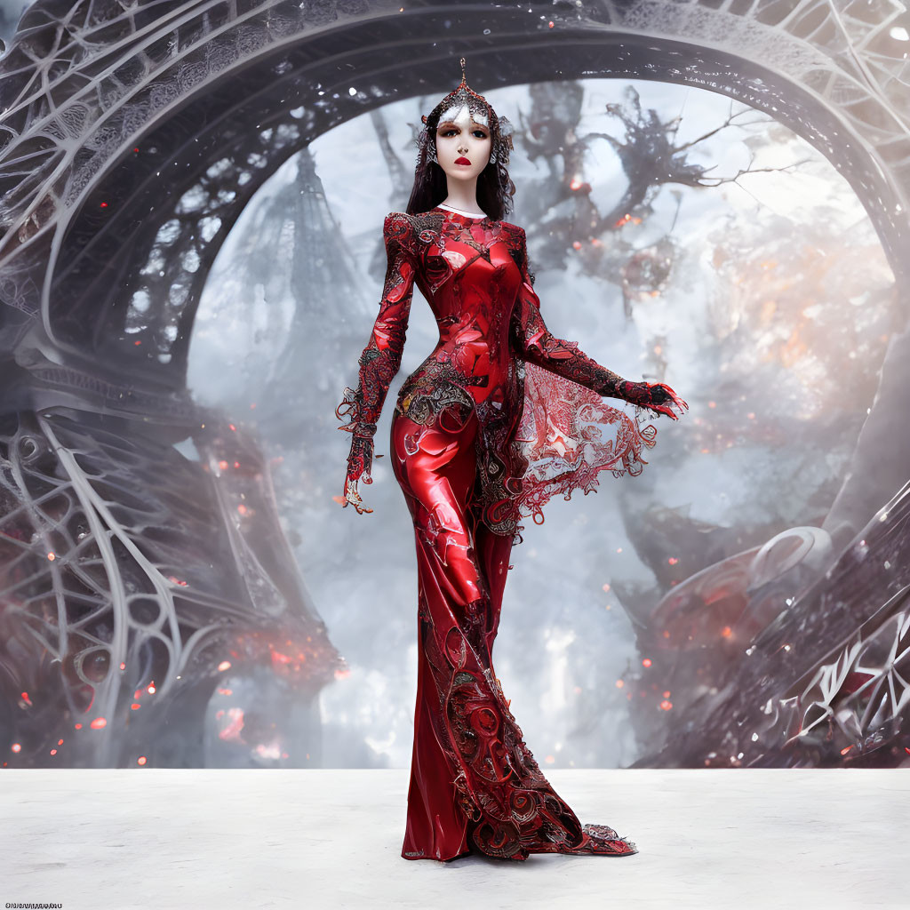 Elaborate red dress with lace and embroidery in wintry landscape