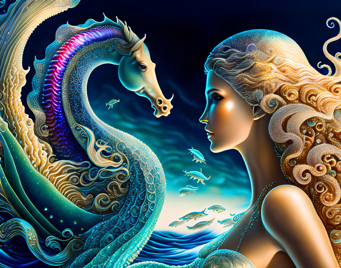 Ethereal woman with detailed hair meets majestic seahorse in vibrant artwork