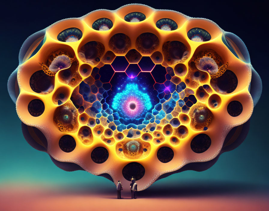 Surreal hexagonal structure with glowing portals and cosmic backdrop