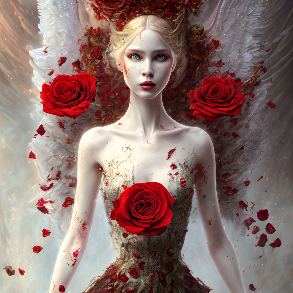 Fantasy portrait of woman with pale skin and blonde hair surrounded by red roses on white and red backdrop