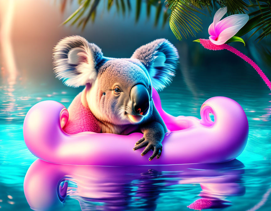 Koala relaxing on pink ring in blue water with lush foliage