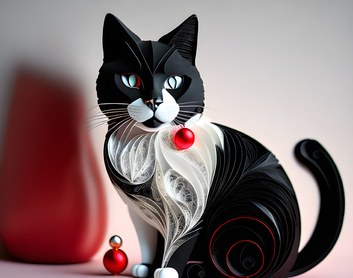 Stylized 3D Black and White Cat with Green Eyes and Red Accents