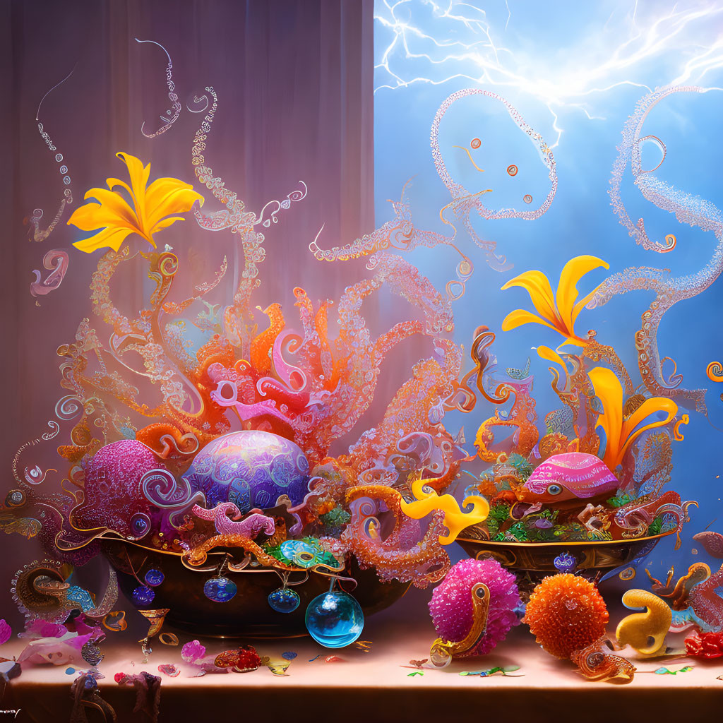 Colorful Fantasy Scene with Octopus-Like Creatures and Stormy Sky