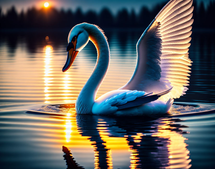 Majestic swan spreading wings on serene sunset lake