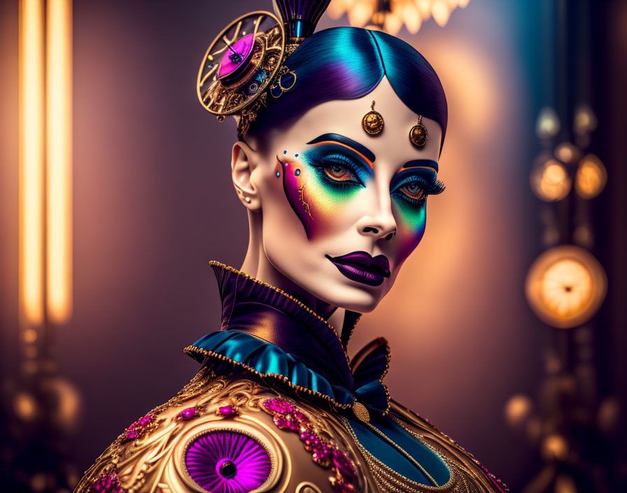 Stylized portrait of woman with dramatic makeup and futuristic accessories