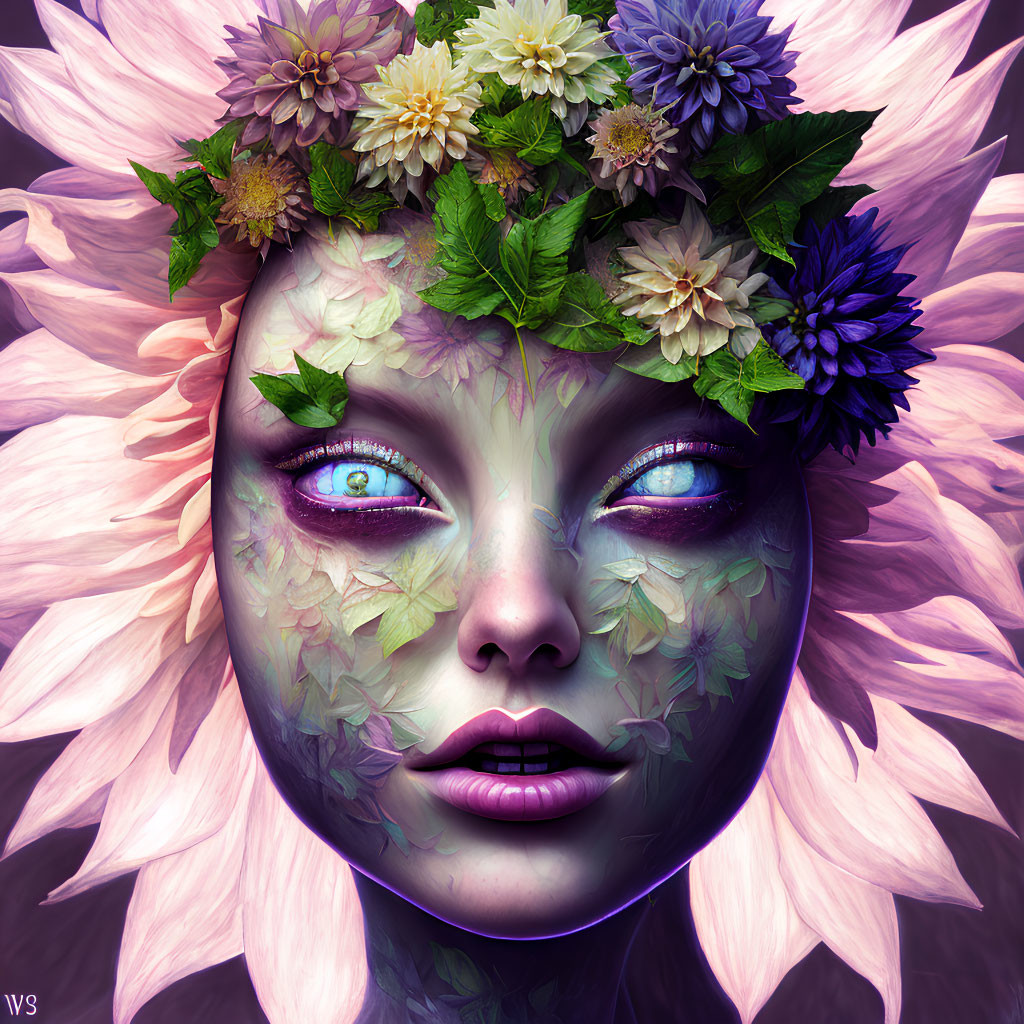 Fantasy female character with floral elements and blue eyes portrait