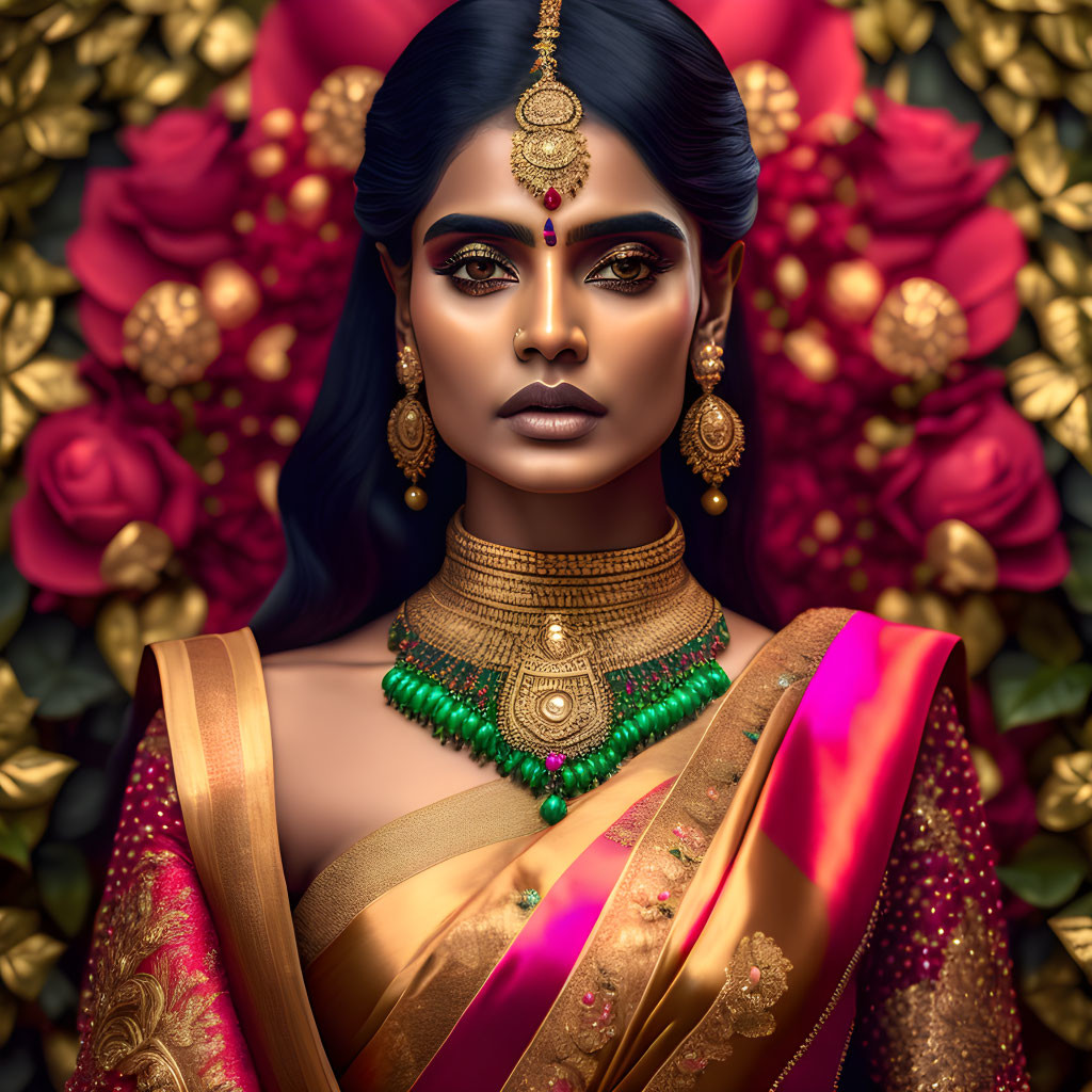 Traditional Indian Attire Woman Illustration with Gold Jewelry and Red Roses
