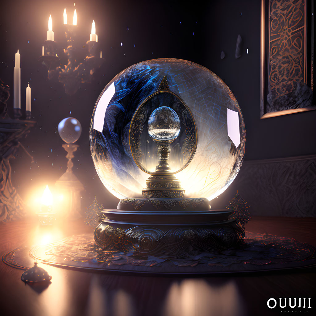 Mystical crystal ball on ornate stand in candlelit room