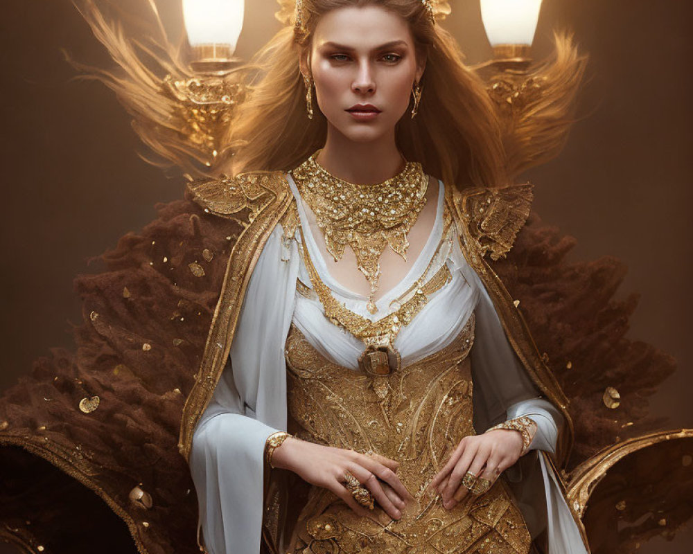 Regal woman in golden crown and fur-lined cape with glowing chandeliers