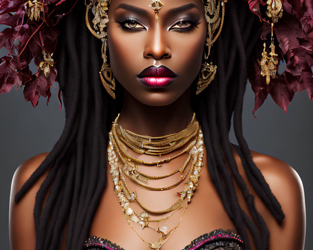 Woman with Striking Makeup and Braids in Golden Jewelry among Red Leaves