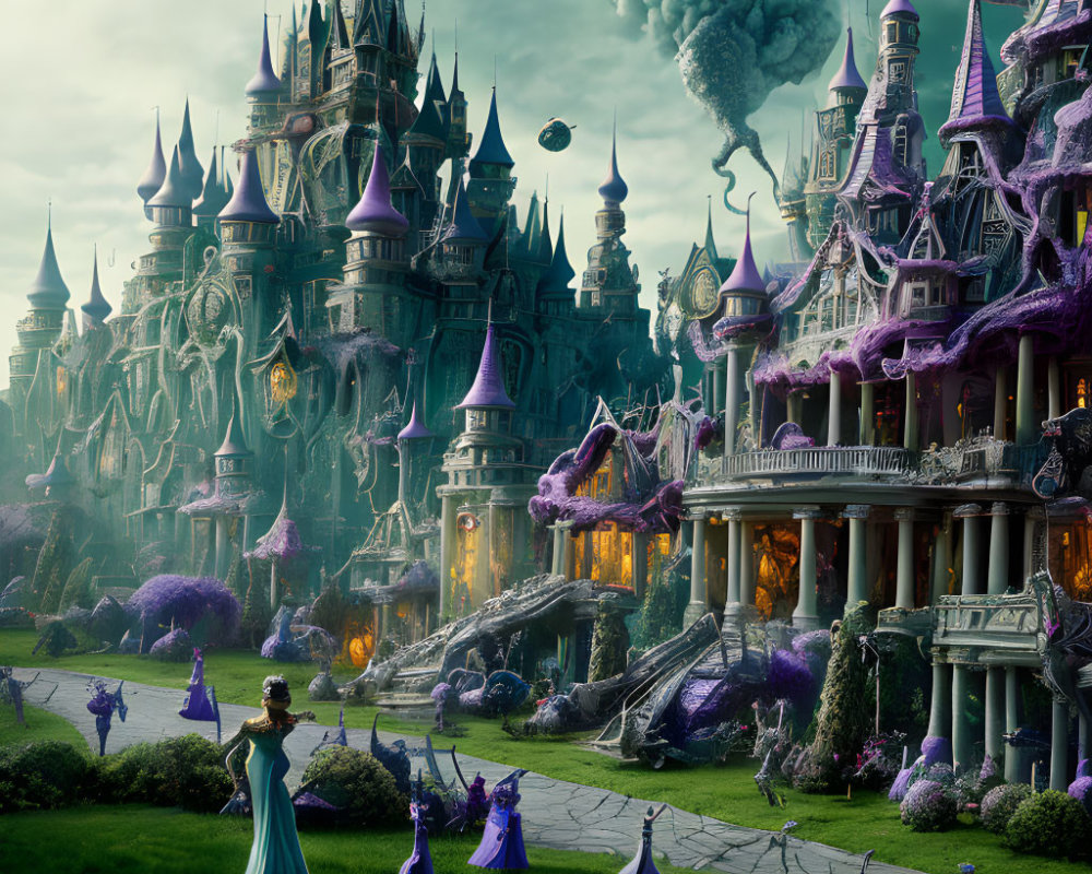 Majestic castle and regal characters in enchanting fantasy landscape