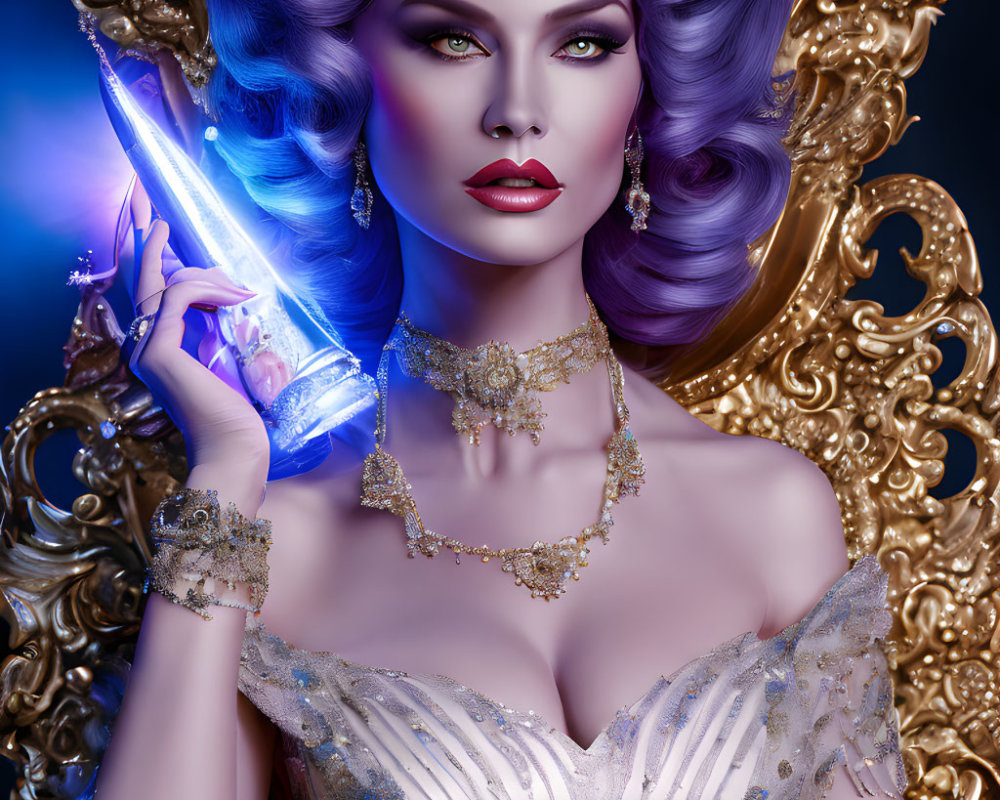 Detailed Illustration of Woman with Violet Hair and Crystal Dagger