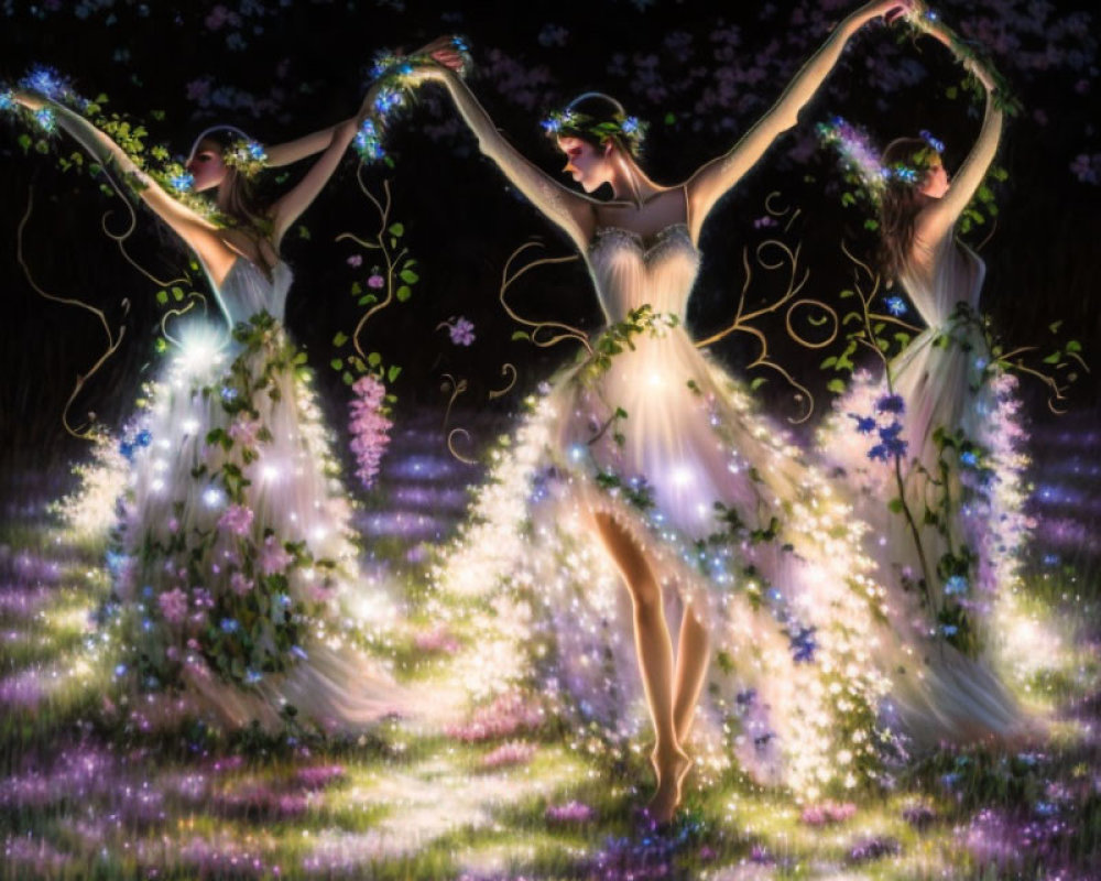 Three ethereal women dancing in glowing, flowery dresses in an enchanted garden at night.