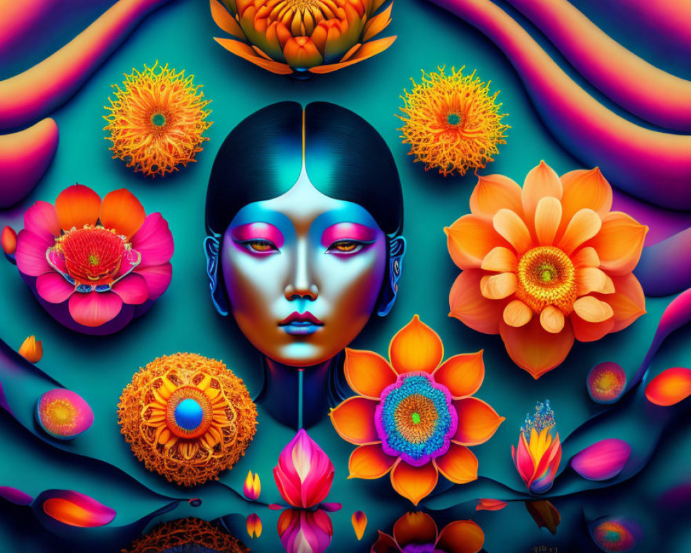 Colorful digital art: Woman's face with stylized flowers on teal background