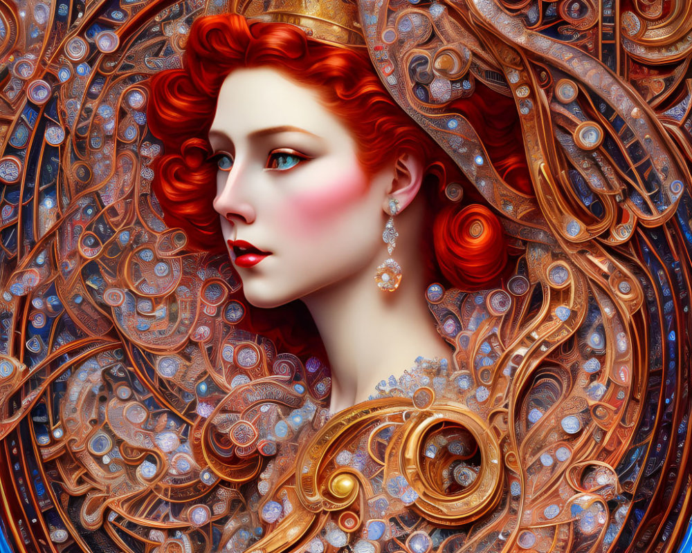 Digital Art Portrait of Woman with Red Hair and Golden Filigree Crown