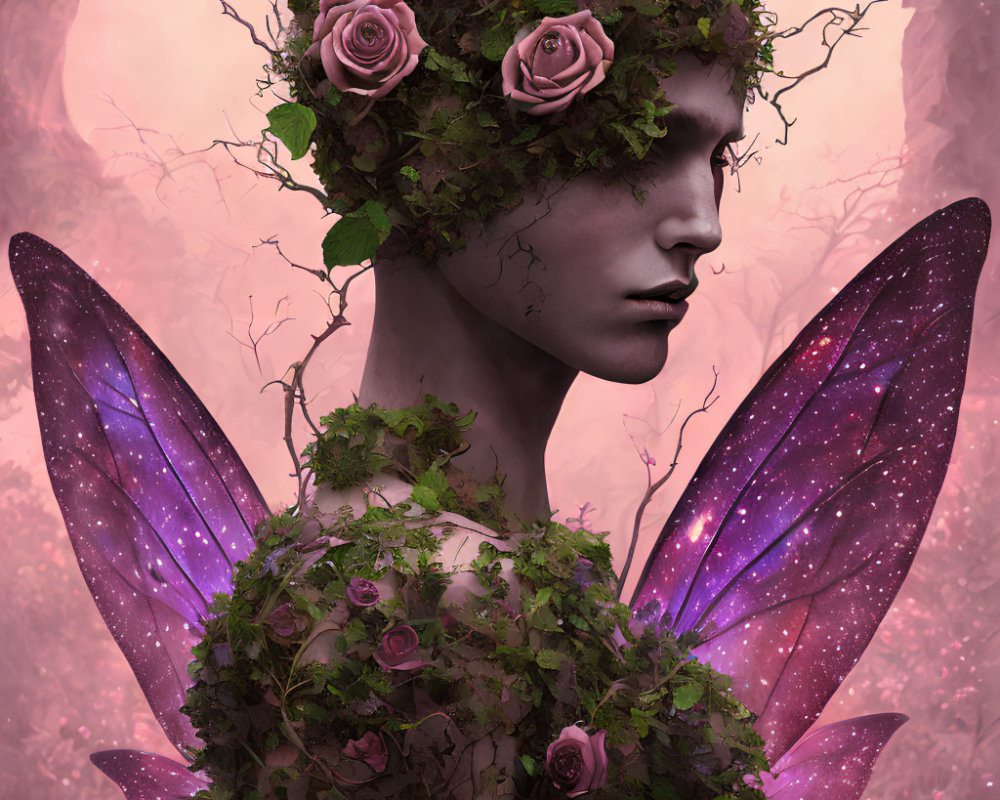 Mystical fairy with purple wings in pink forest setting