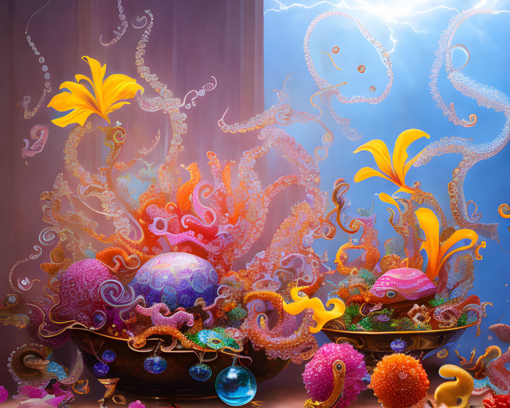 Colorful Fantasy Scene with Octopus-Like Creatures and Stormy Sky