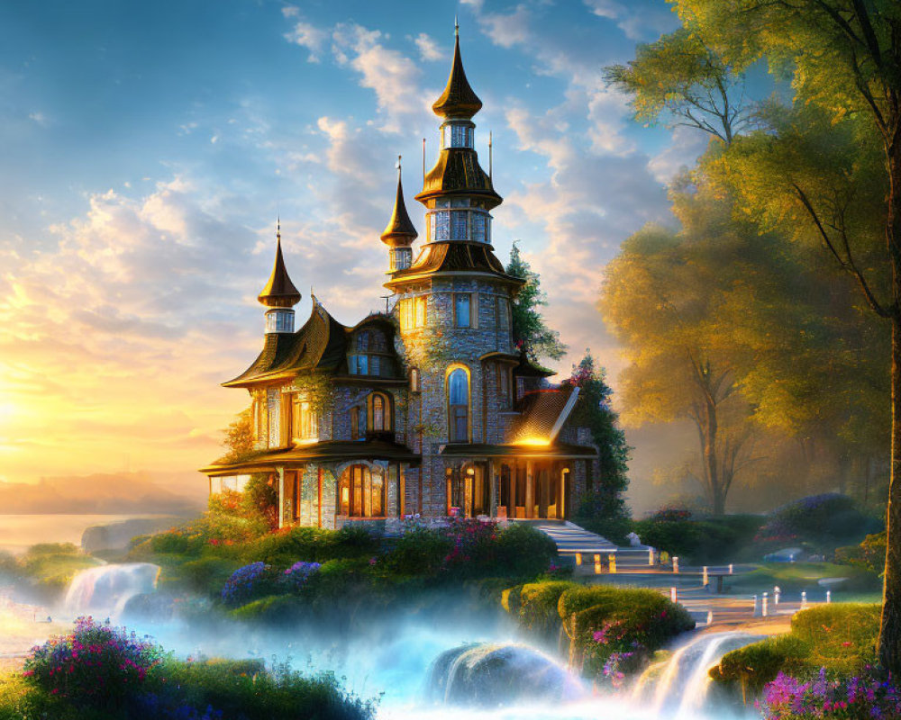 Enchanting castle surrounded by waterfalls and lush nature at dawn