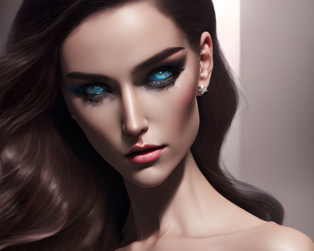 Digital Illustration: Woman with Dramatic Makeup and Blue Eyes