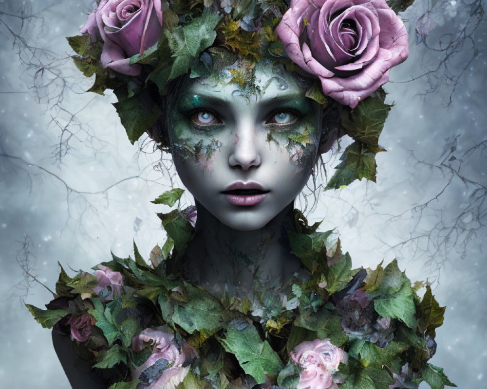 Fantastical portrait of figure with leafy adornments and roses, pale skin, greenish hues