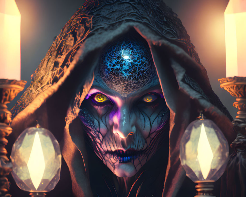 Mystical hooded figure with glowing eyes and face markings surrounded by candlelit crystals.