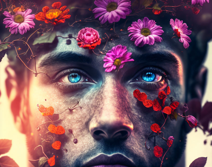 Close-up portrait of a person with striking blue eyes surrounded by vibrant flowers and leaves, emitting a mystical