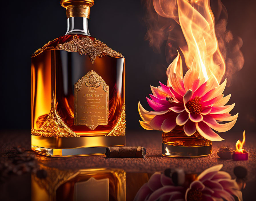 Amber-Colored Liquor Bottle with Gold Labeling, Pink Lotus Candle, and Coffee Beans