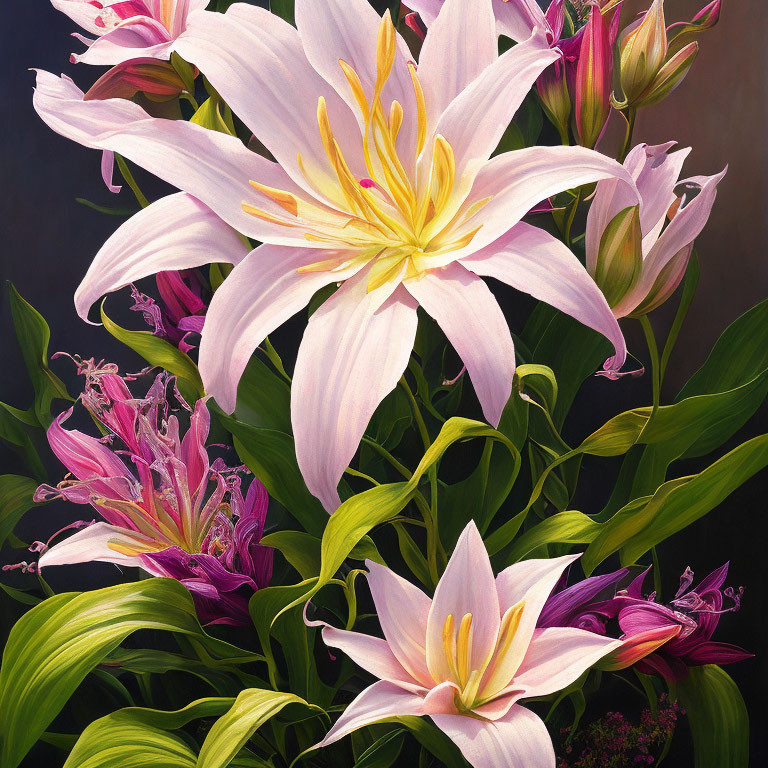 Close-up of blooming pink lilies with yellow stamens and green foliage
