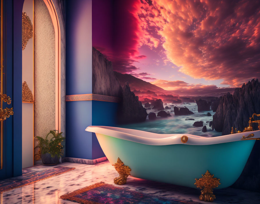 Classic Bathtub on Open Terrace Overlooking Stunning Seascape
