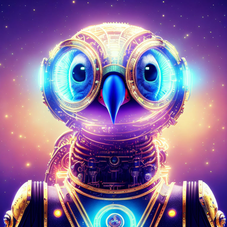 Colorful Robotic Owl with Glowing Blue Eyes on Starry Night Sky