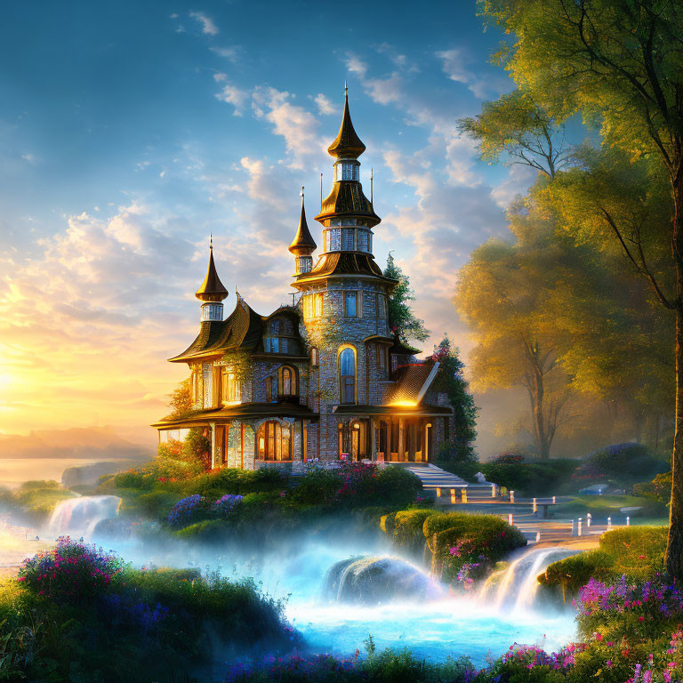 Enchanting castle surrounded by waterfalls and lush nature at dawn