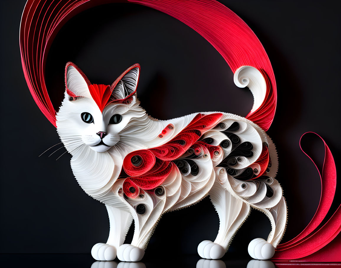 Stylized cat in white and red paper quilling on black background