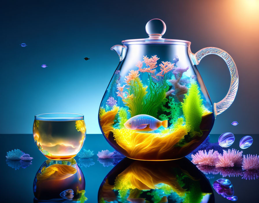 Colorful underwater scene in glass tea pot with coral and fish on reflective surface