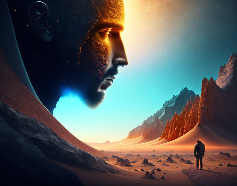 Ethereal face over desert landscape with lone figure