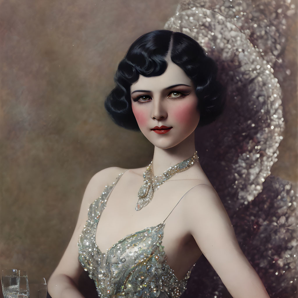 Vintage portrait of woman with bobbed curly hair and sequined dress