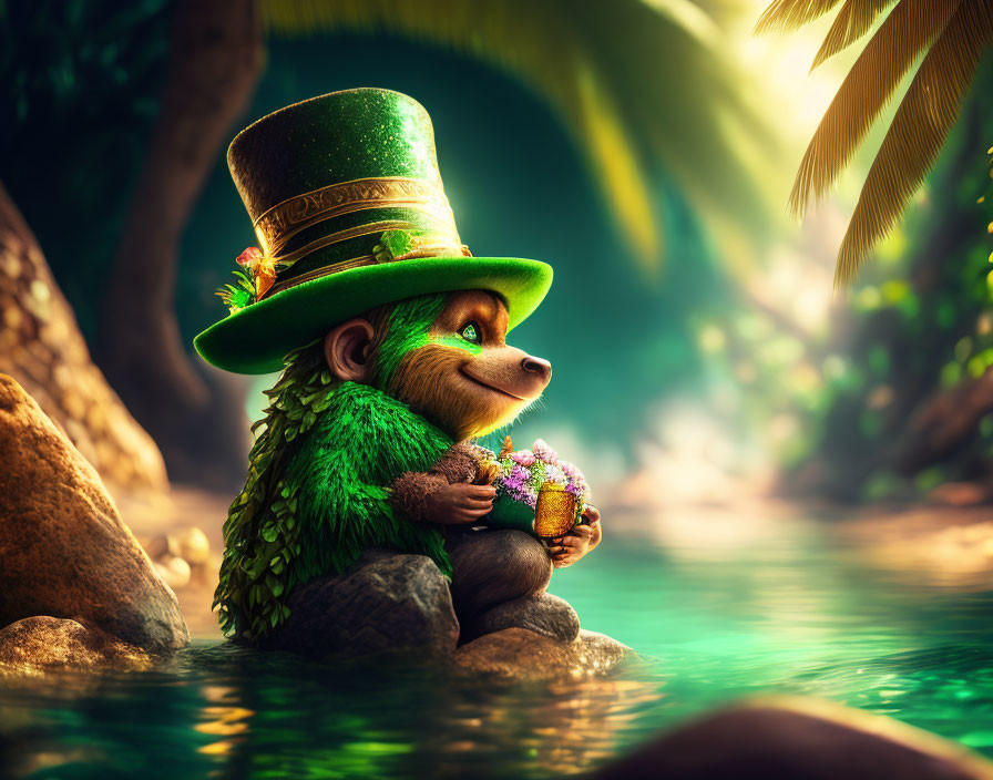 Sloth in St. Patrick's Day attire by water with clover bouquet